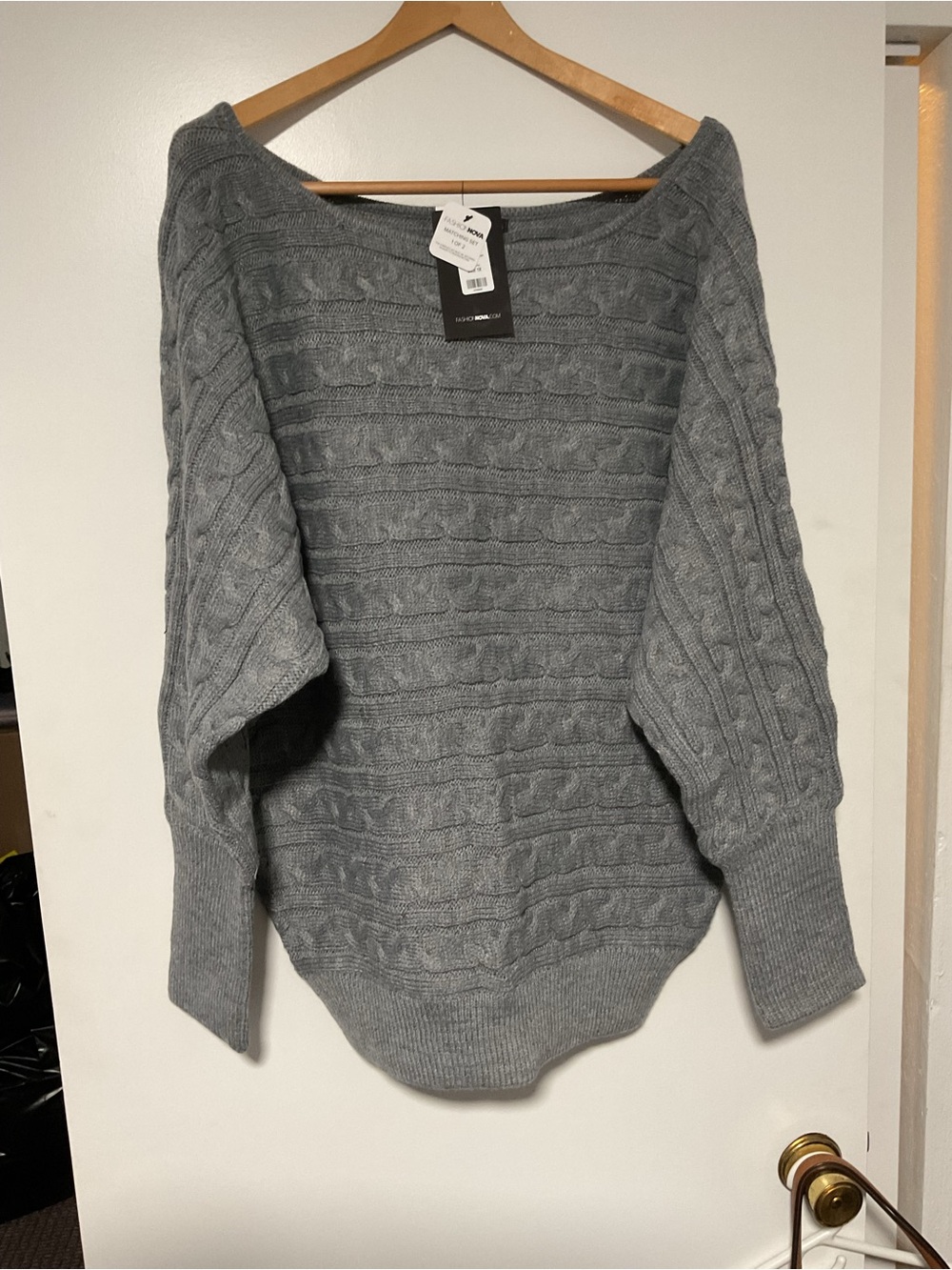 Fashion Nova Gray Off-the-Shoulder Cable Knit Sweater